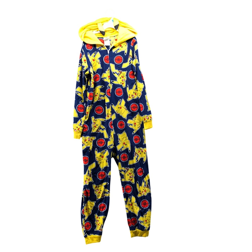 Pokemon Pikachu Onesie Pajamas Hooded Union Suit Fleece Sleeper Kids L 10-12